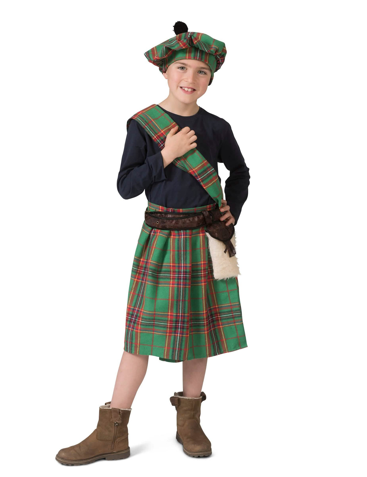Disfraz escocés para niño verde a cuadros con kilt y boina