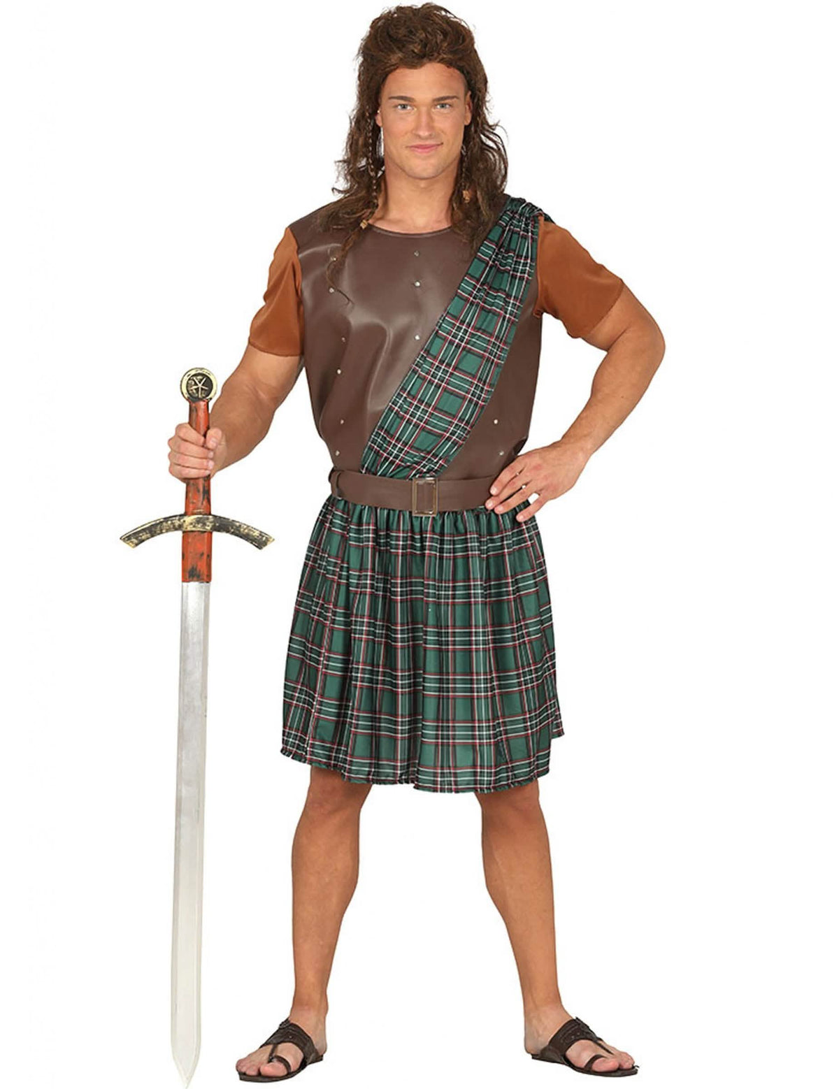 Disfraz escocés para hombre verde y marrón con kilt a cuadros