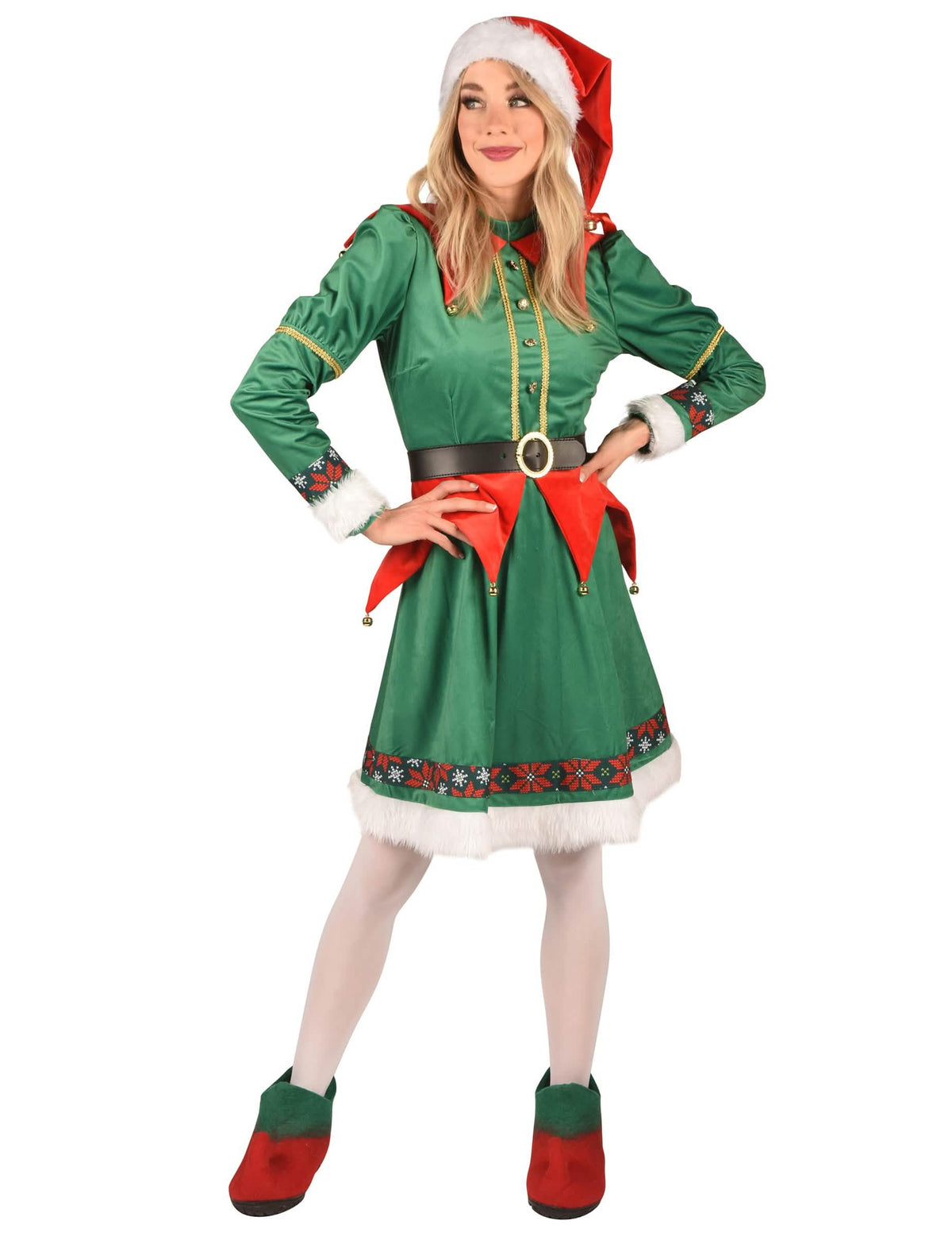 disfraz de elfa de navidad de lujo para mujer verde y rojo con gorro