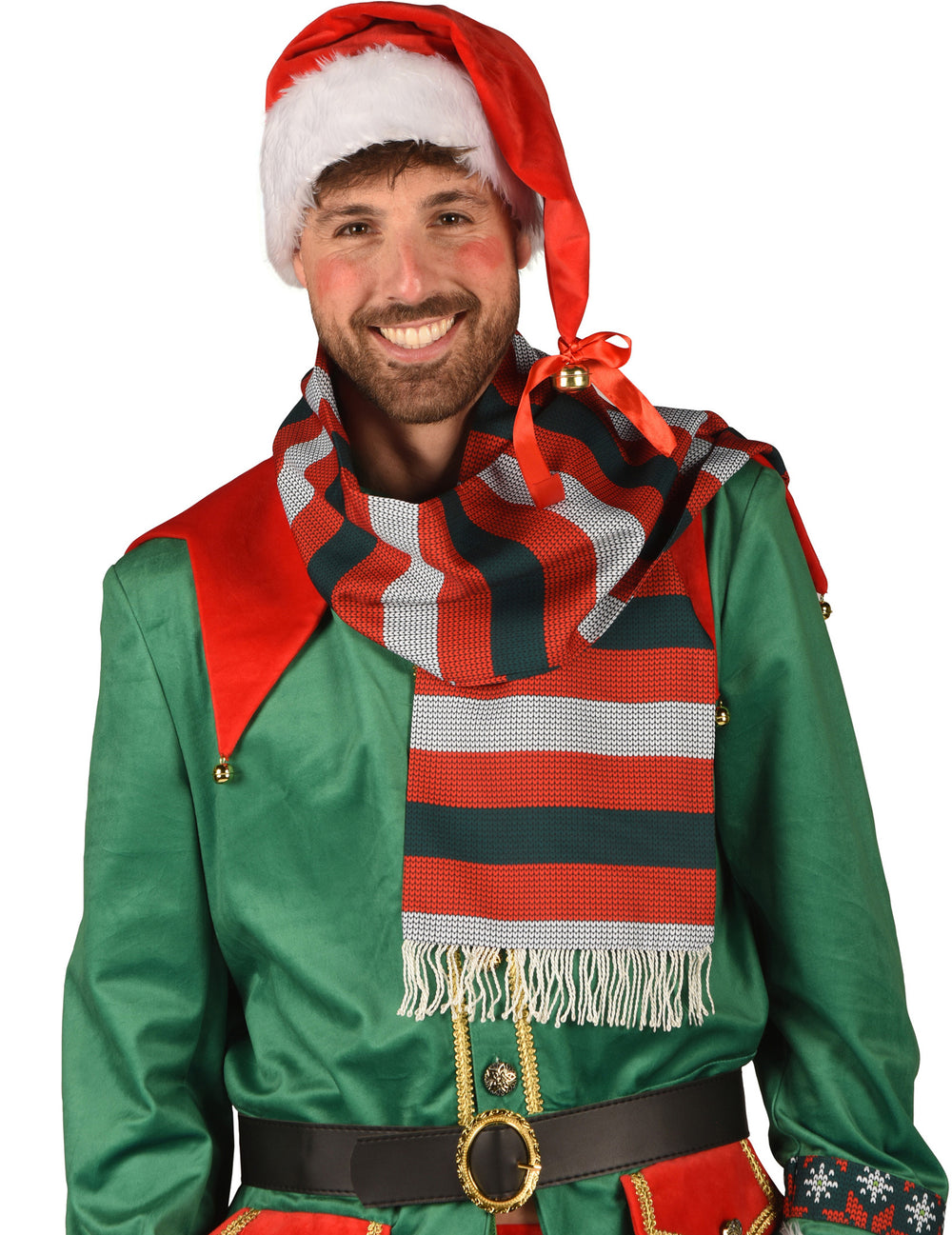 Gros plan sur le bonnet et l'écharpe du déguisement elfe de Noël luxe pour homme