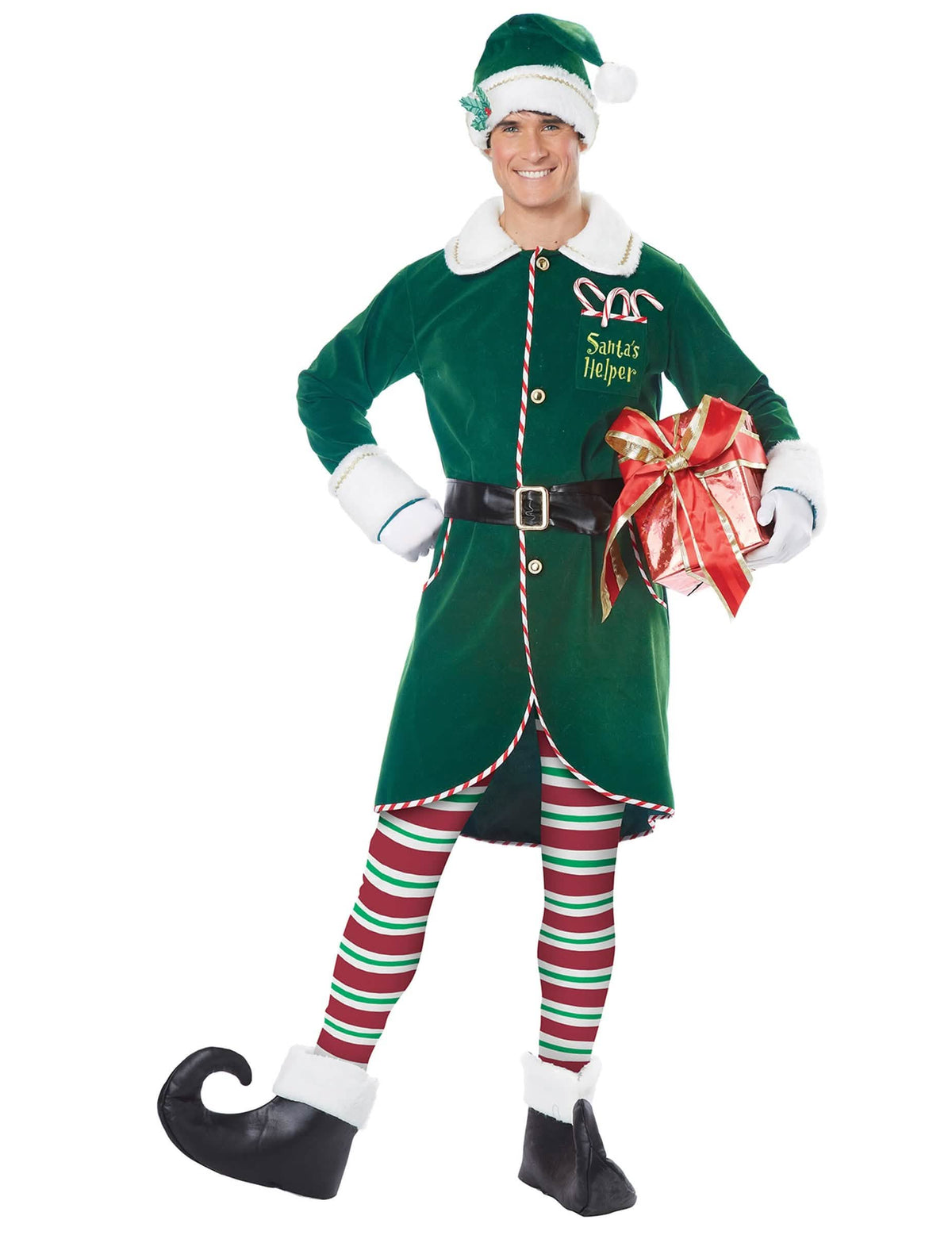 Disfraz de elfo de navidad de lujo para hombre verde con medias rayadas y sombrero