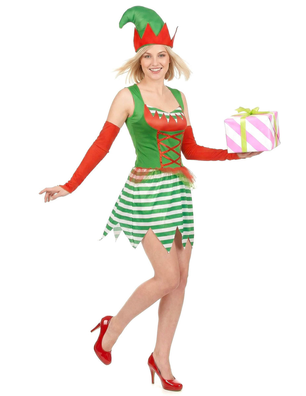 Disfraz de elfo para mujer verde y rojo con sombrero