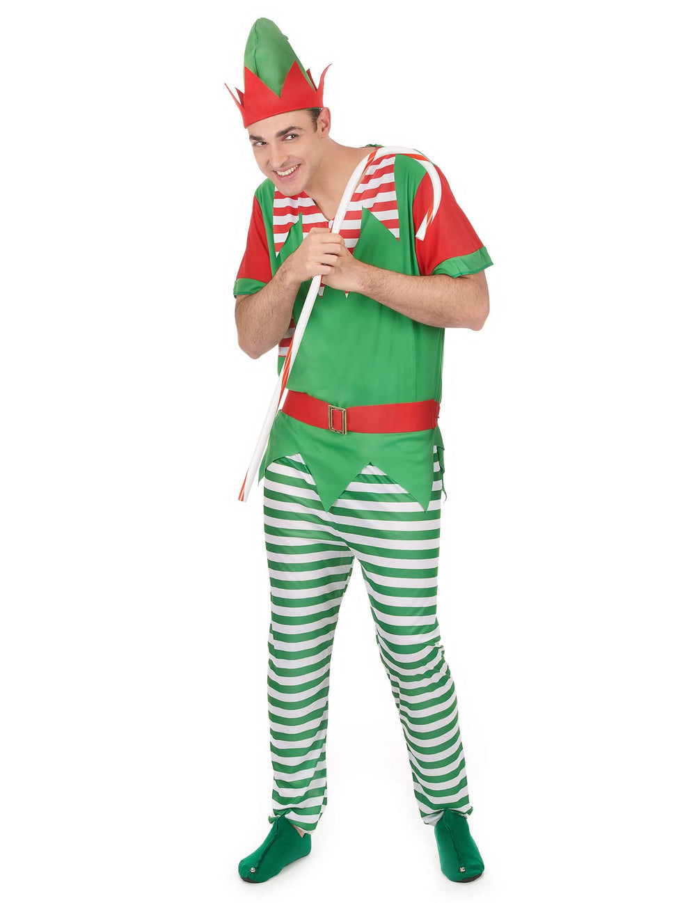 Disfraz de elfo para hombre verde y rojo con pantalón rayado y gorro