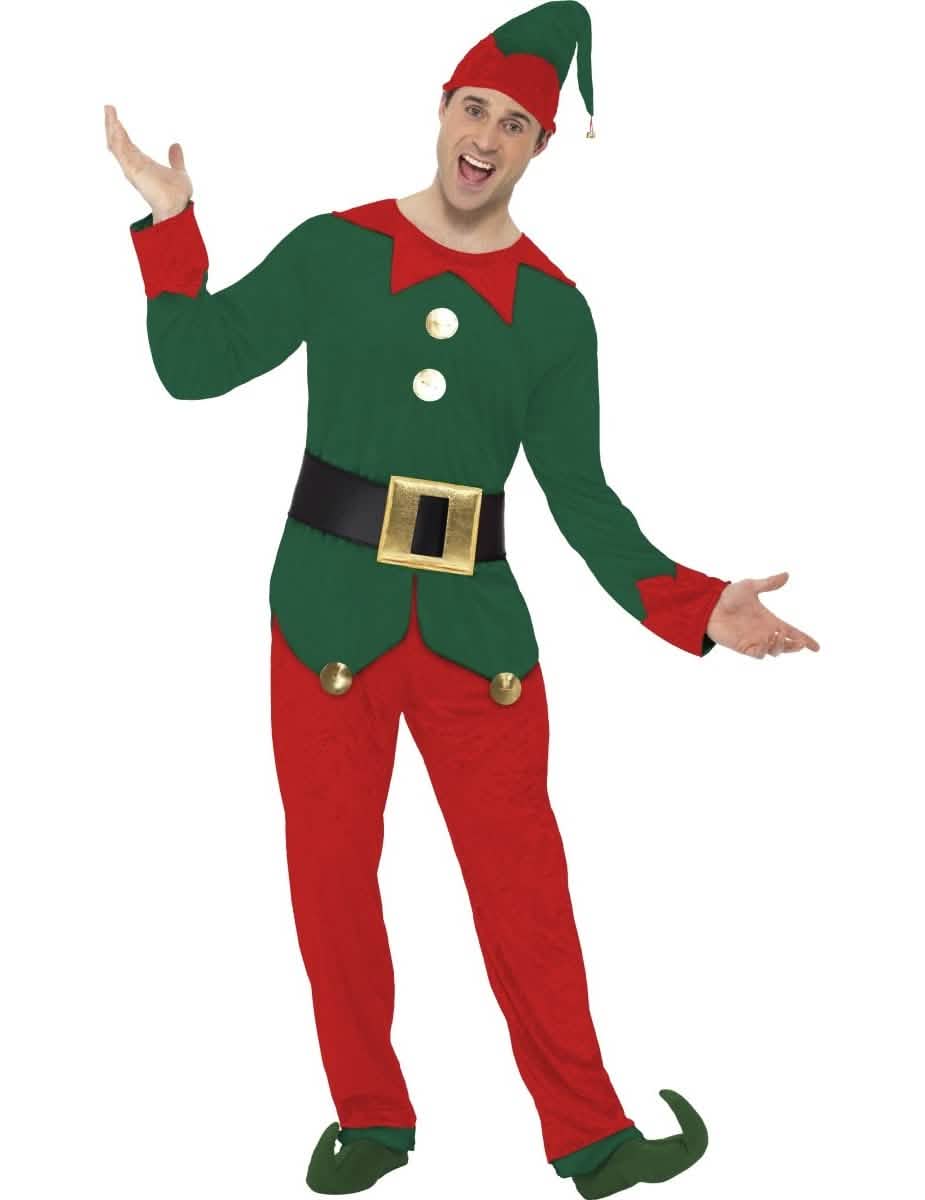Disfraz de elfo bicolor para hombre verde y rojo de navidad con gorro