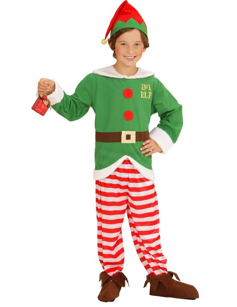 Disfraz de elfo rayado de navidad para niño verde y rojo con gorro
