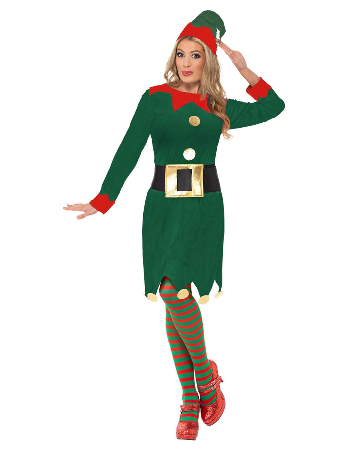 Déguisement d'elfe pour femme vert et rouge avec bonnet et collants rayés
