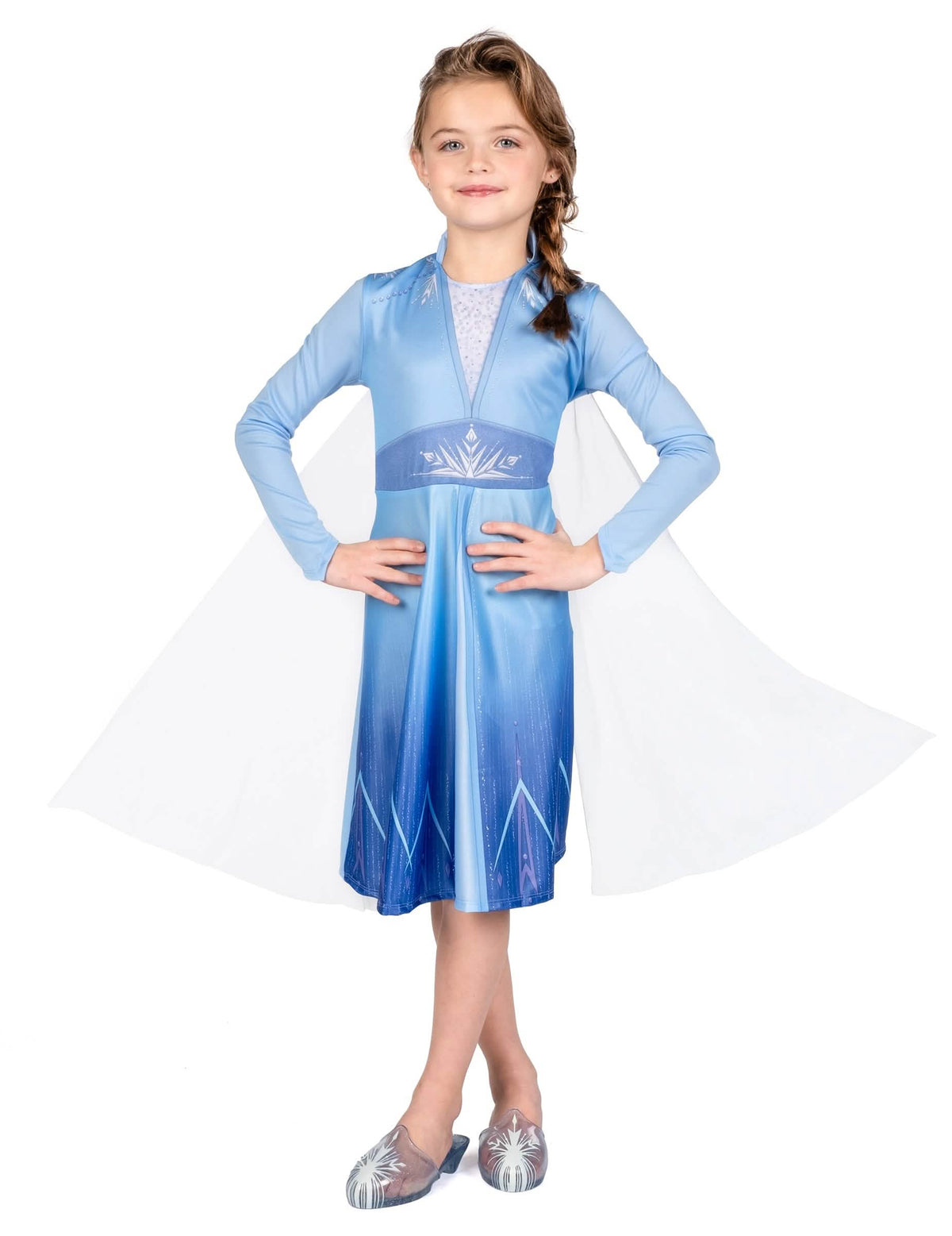 Vue de face de la robe d'Elsa du déguisement de couple Elsa et Anna La Reine des Neiges pour enfants