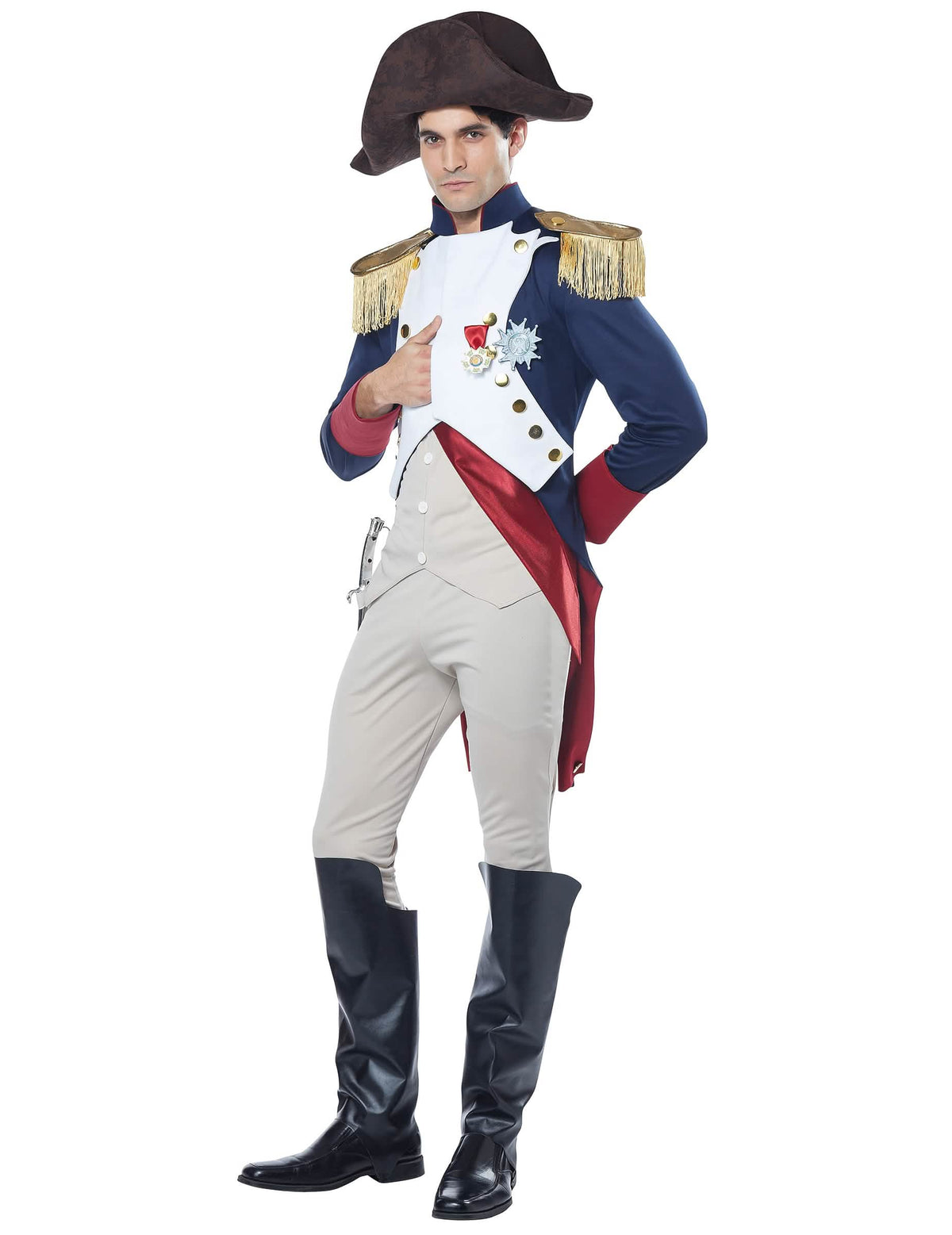 Disfraz de emperador francés Napoleón de lujo para hombre azul blanco y rojo con bicornio y hombreras doradas
