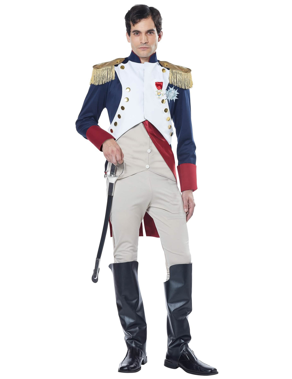Vista frontal del disfraz de emperador francés Napoleón de lujo para hombre