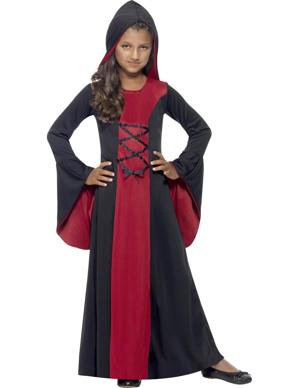 Disfraz de hechicera de halloween para niña negro y rojo con capucha