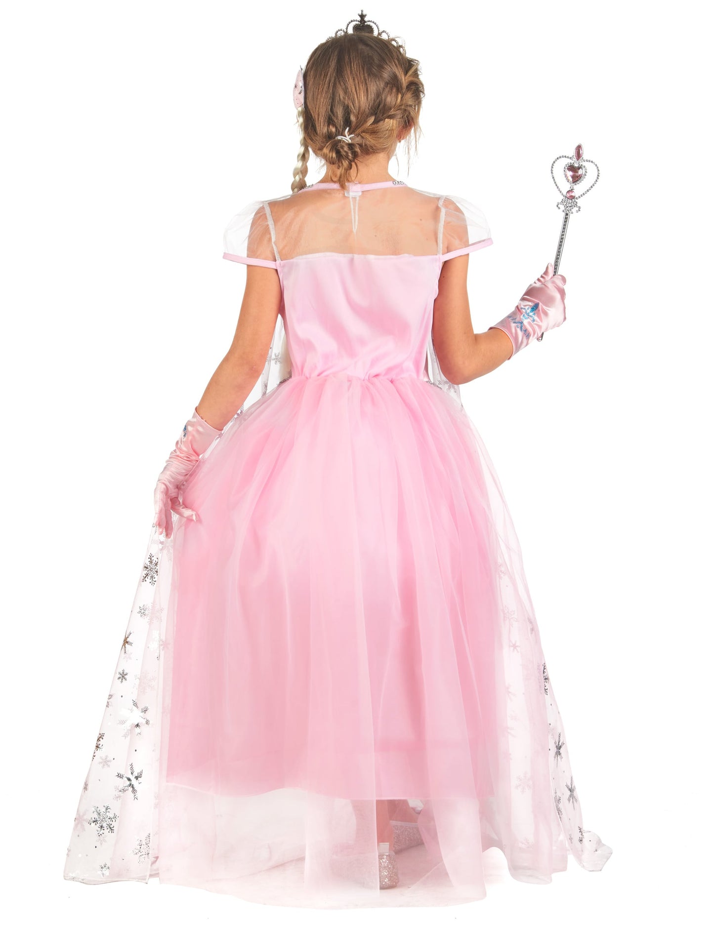 Vue de dos du déguisement et accessoires de princesse rose fille