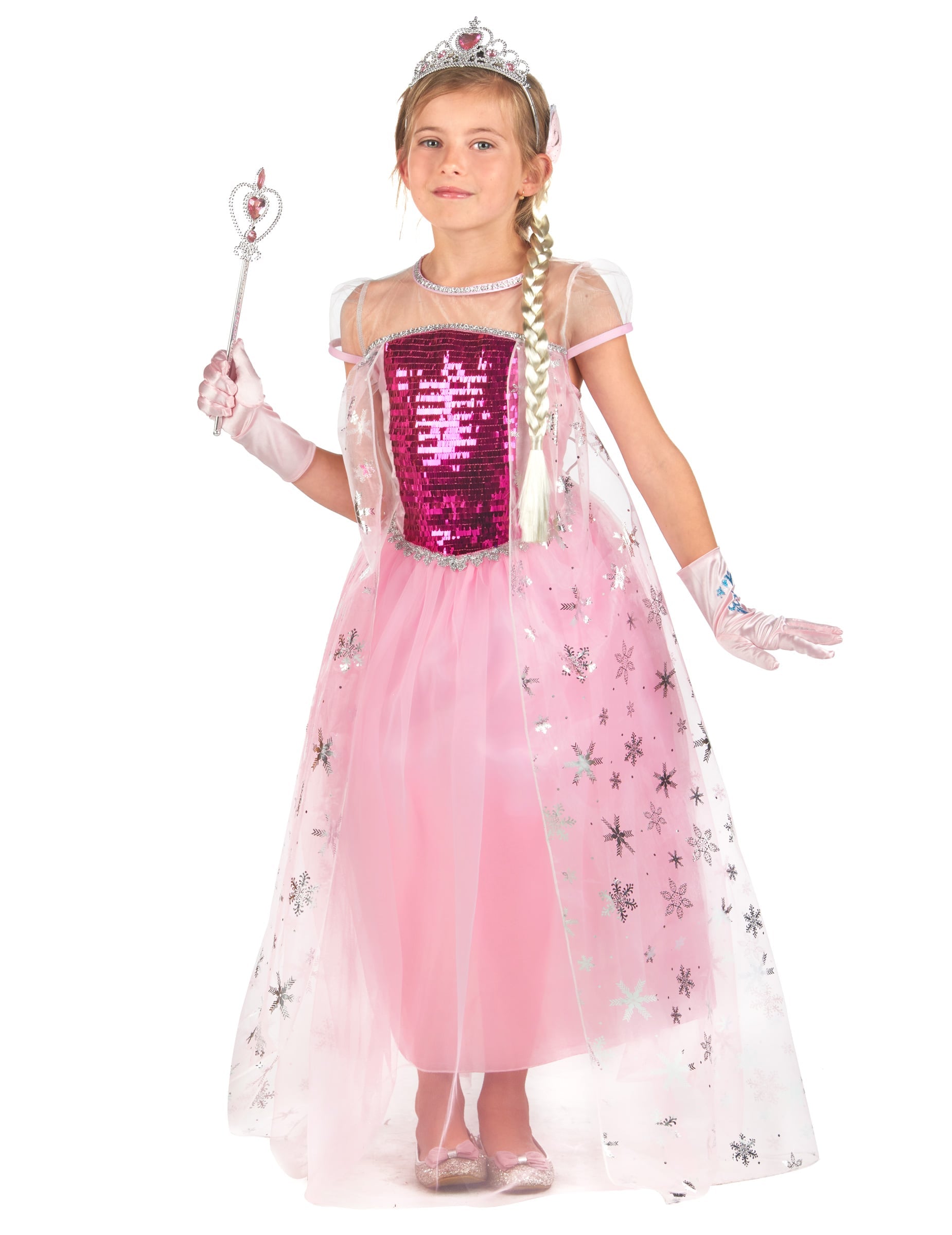 Déguisement et accessoires de princesse pour fille rose avec bustier à sequins et voile à flocons