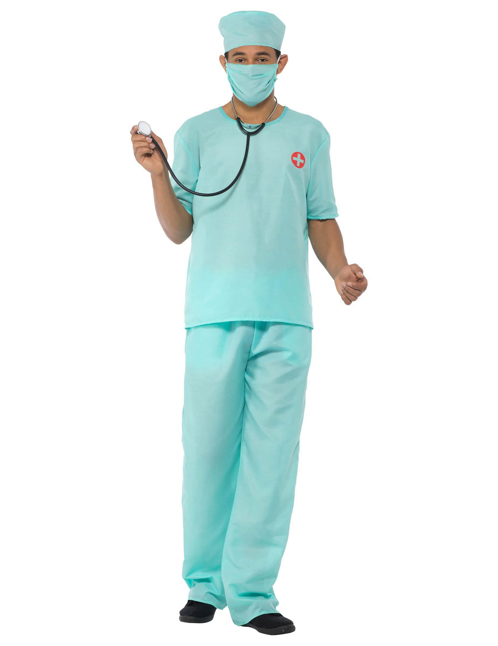 Disfraz y accesorios de doctor cirujano para hombre azul turquesa con máscara y gorro quirúrgico