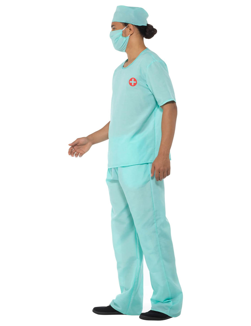 Vista de perfil del disfraz y accesorios de médico cirujano