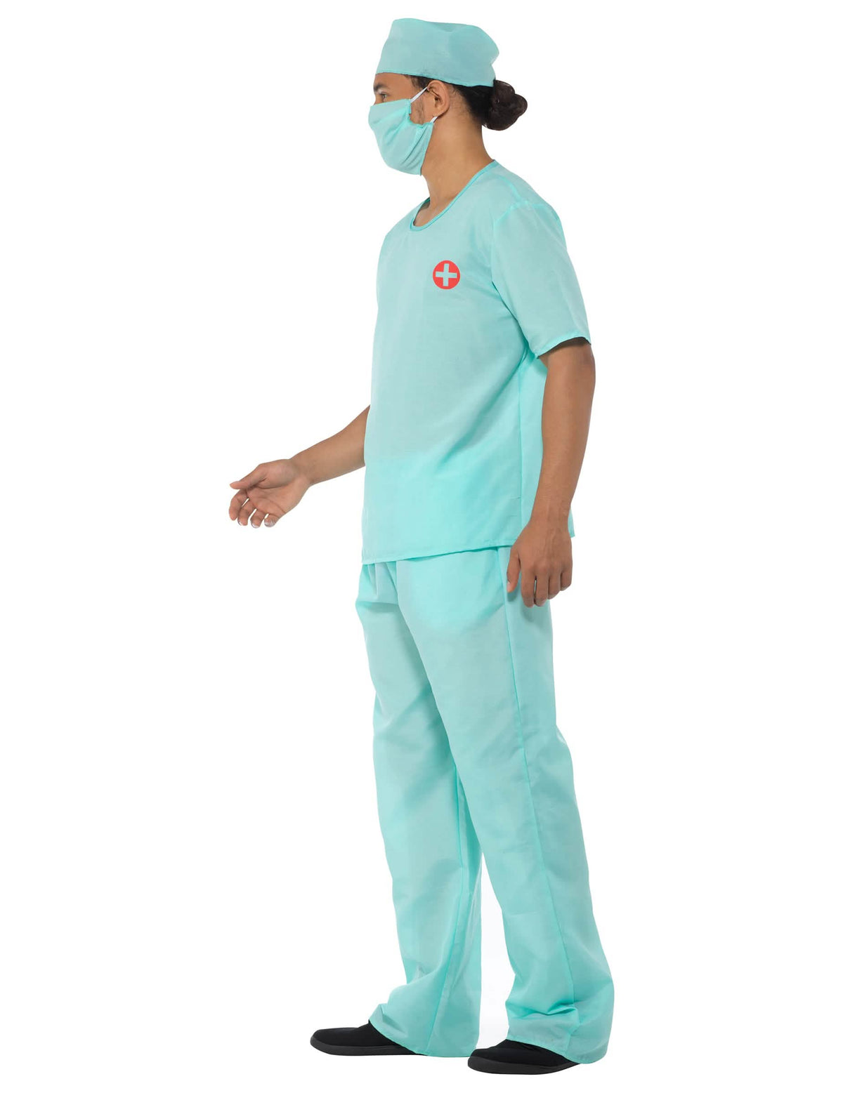 Vista de perfil del disfraz y accesorios de médico cirujano