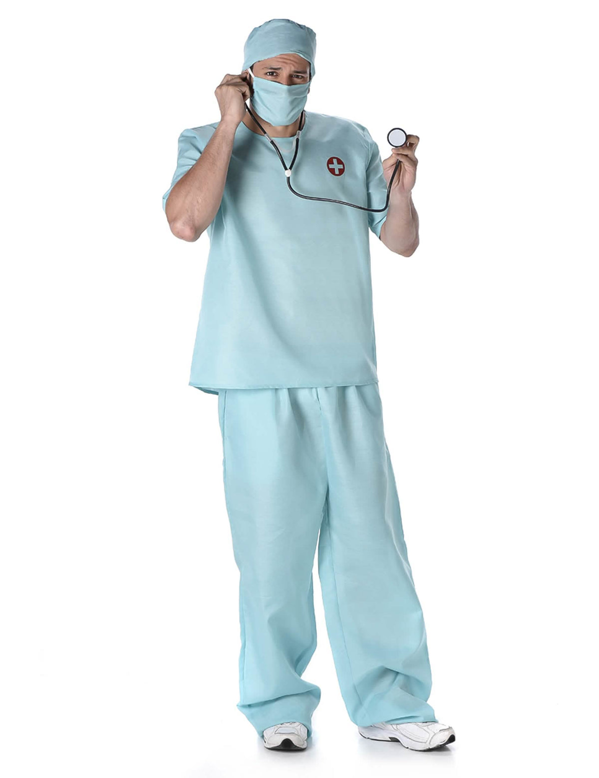 Disfraz y accesorios de médico cirujano para hombre azul con máscara y estetoscopio