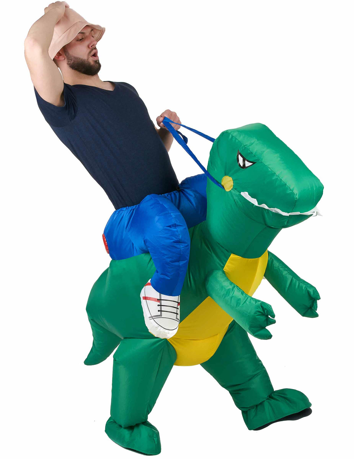 Disfraz de explorador a lomos de dinosaurio para adulto carry me verde y amarillo