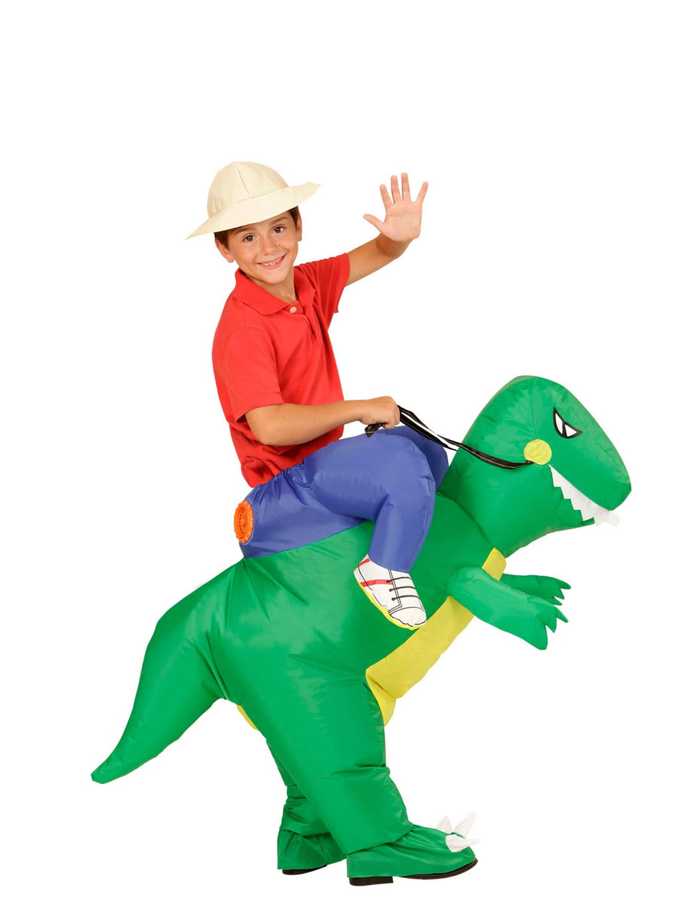Vista de perfil del disfraz de explorador a lomos de dinosaurio para niño