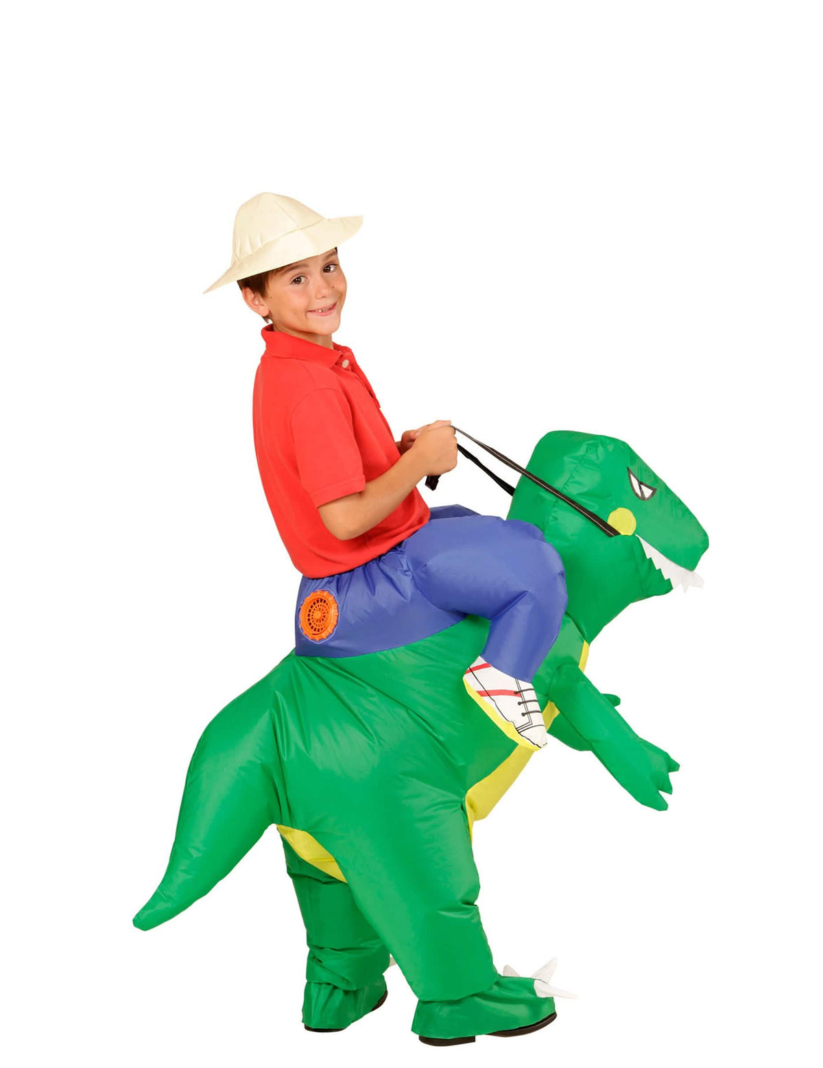 Vista trasera del disfraz de explorador a lomos de dinosaurio para niño