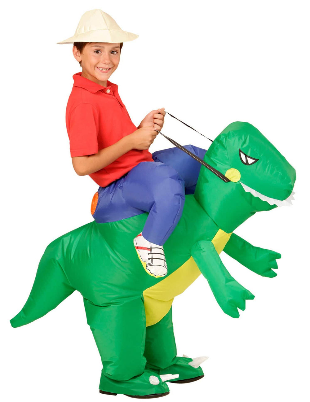 Disfraz de explorador a lomos de dinosaurio para niño verde y amarillo carry me con sombrero