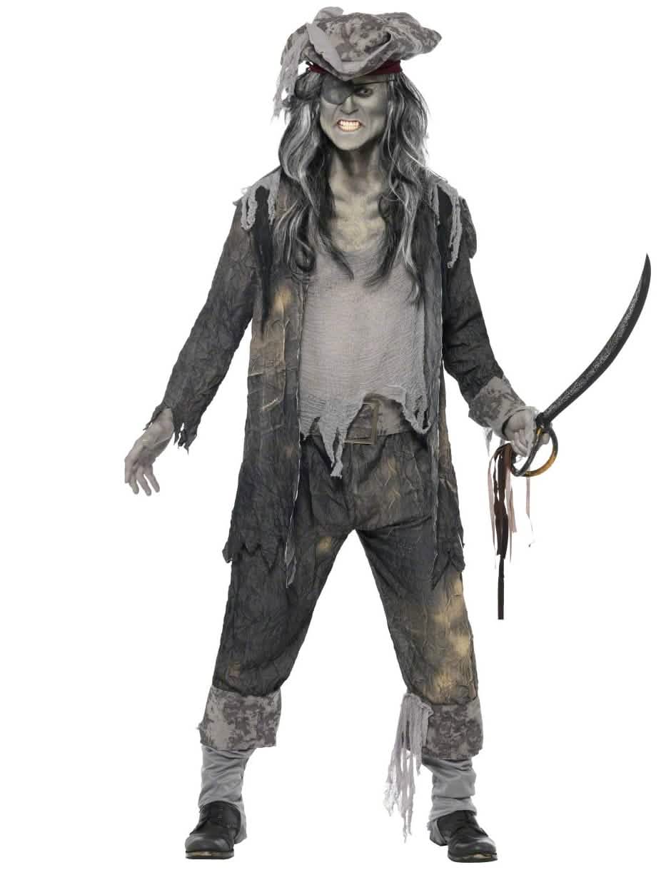 Déguisement fantôme pirate pour homme gris effet usé avec chapeau