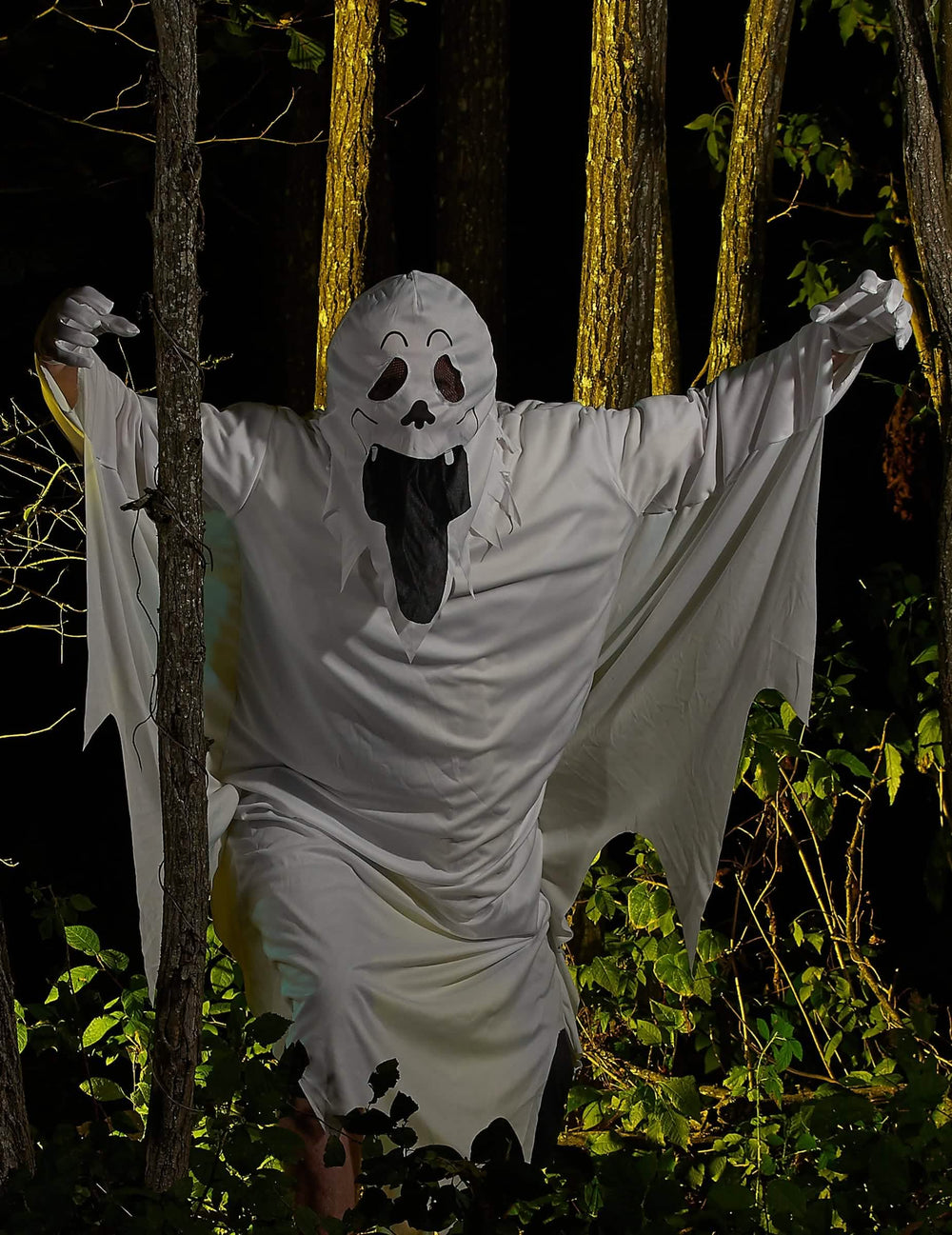 Mise en situation en forêt du déguisement de fantôme visage pour adulte