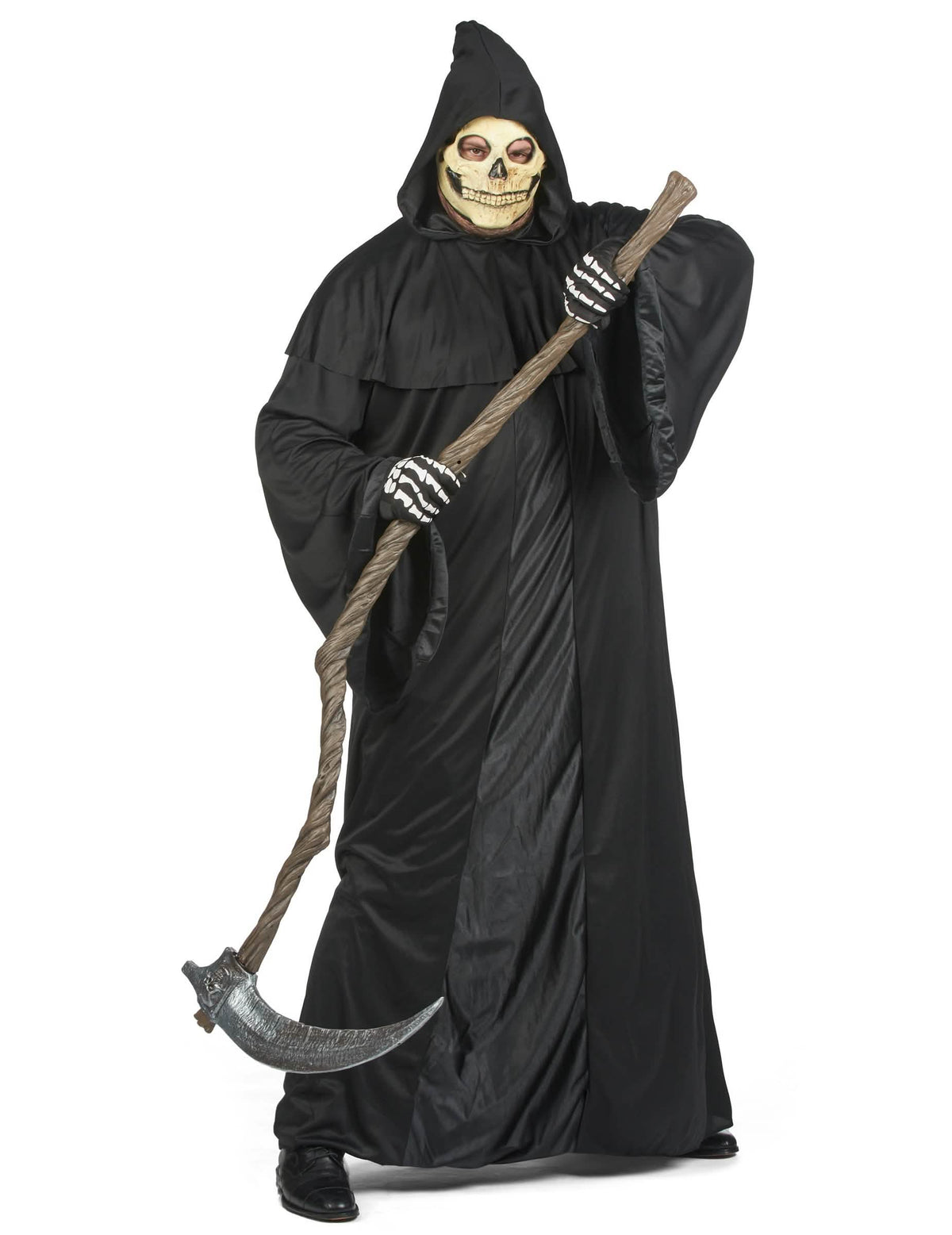 Détail du masque et de la faux du déguisement de faucheuse