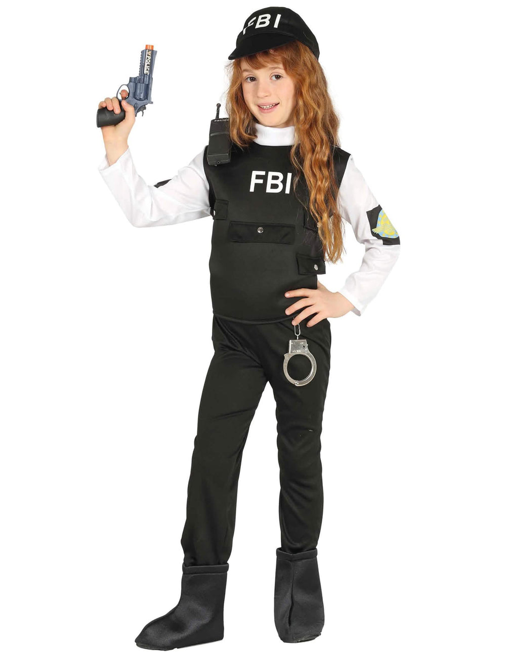 Vista general con accesorios del disfraz FBI para niño
