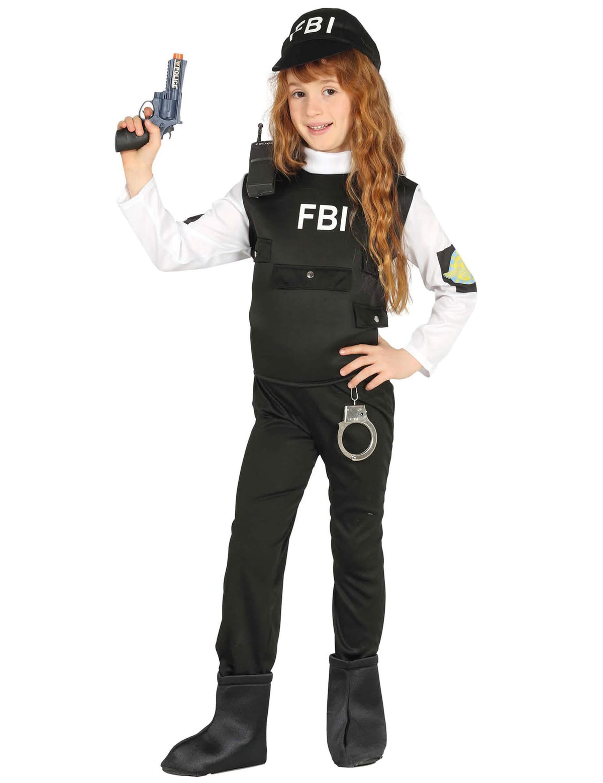 Vista general con accesorios del disfraz FBI para niño