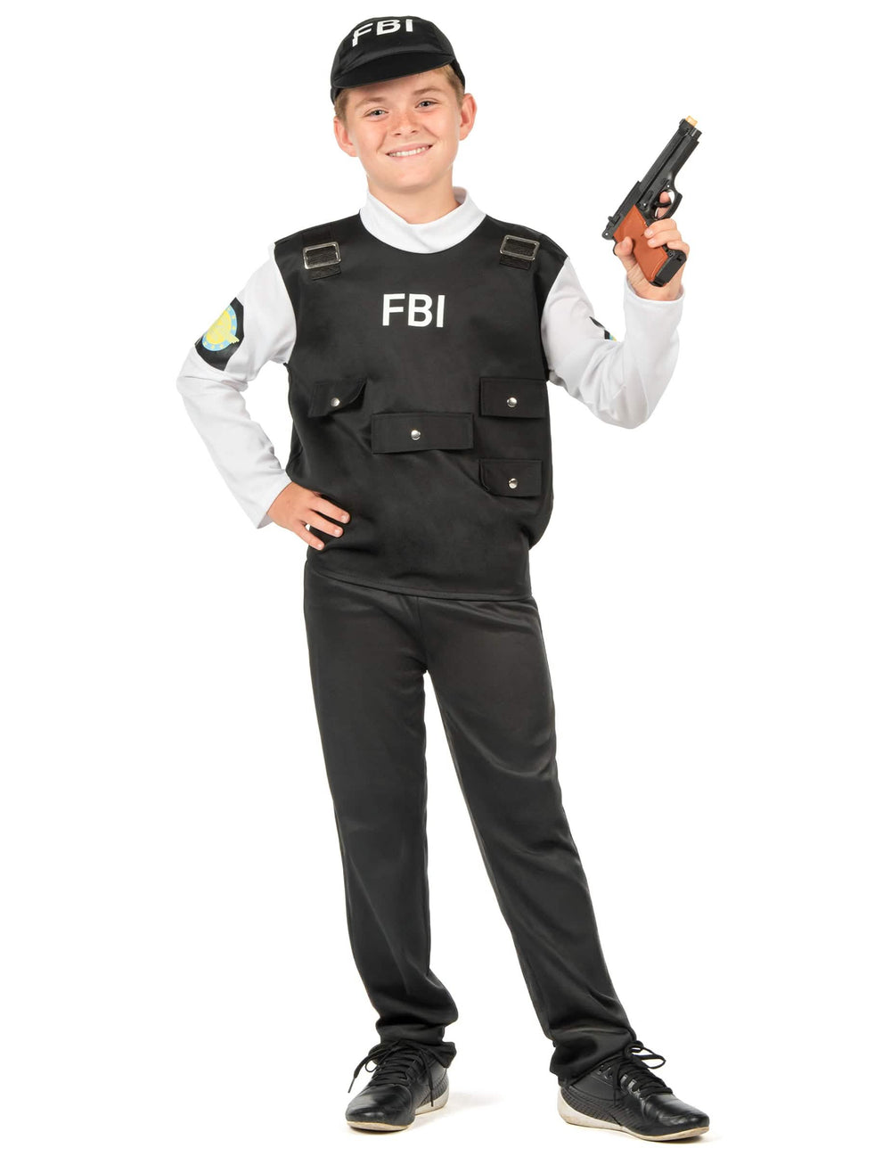 Disfraz FBI para niño blanco y negro con chaleco y gorra