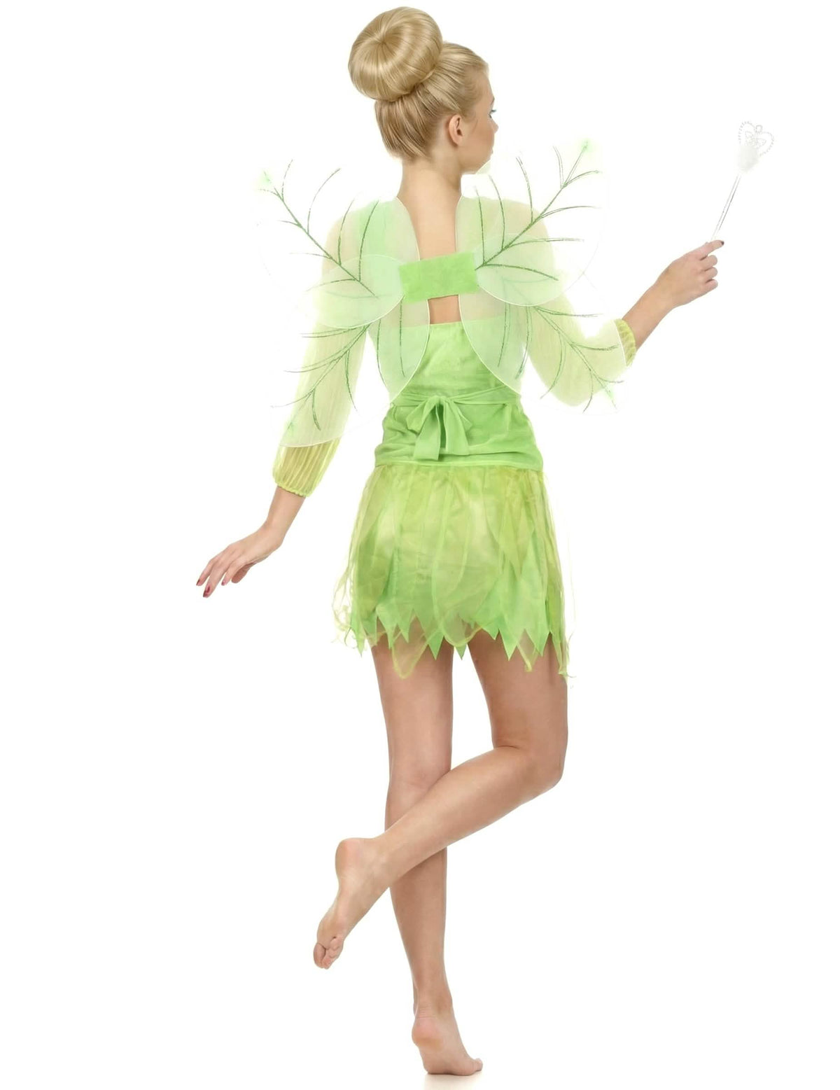 Disfraz de hada de terciopelo para mujer verde con alas y varita