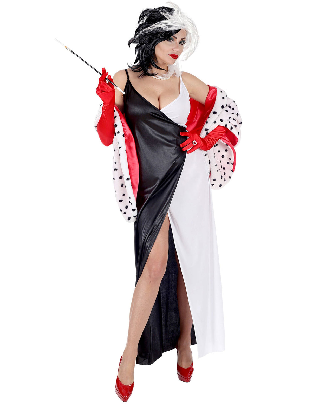 Déguisement femme démoniaque pour femme noir et blanc avec étole à pois et gants rouges