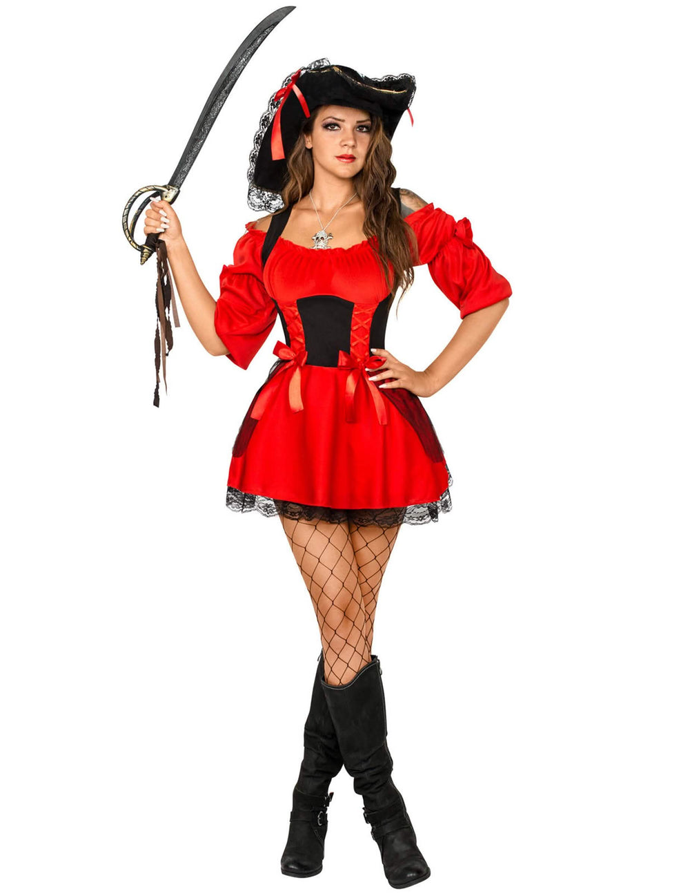 Disfraz de pirata sexy para mujer rojo y negro con sombrero