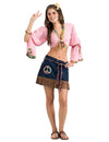 Déguisement hippie années 60 pour femme sexy avec top rose et jupe bleue à franges