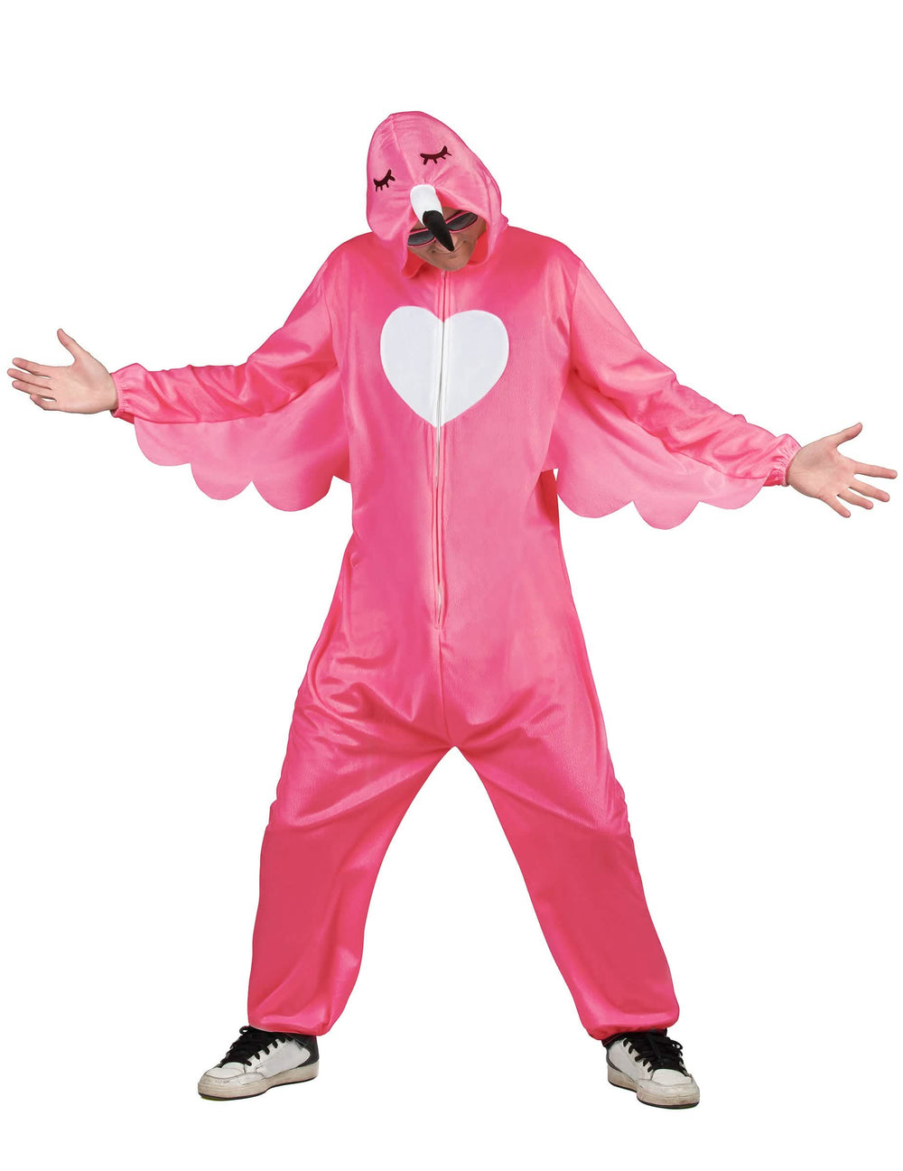 Déguisement flamant rose pour adulte rose avec cœur blanc et capuche