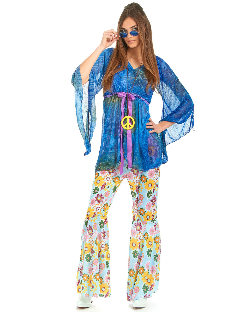 Déguisement flower power hippie pour femme bleu avec pantalon à fleurs
