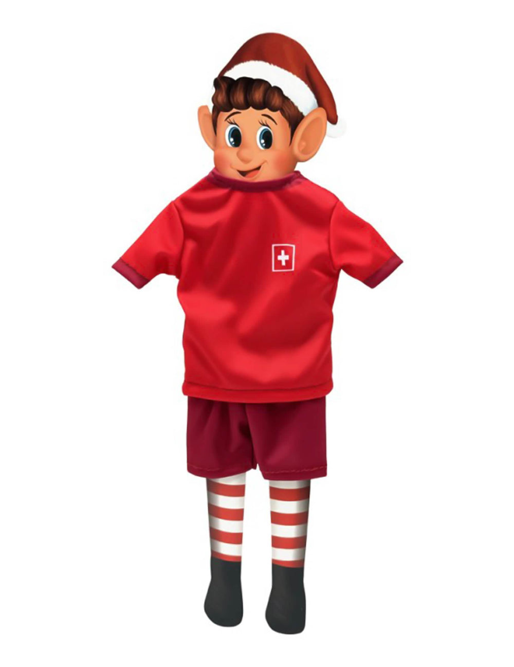 Disfraz de futbolista del equipo de Suiza para muñeca duende travieso rojo con cruz blanca