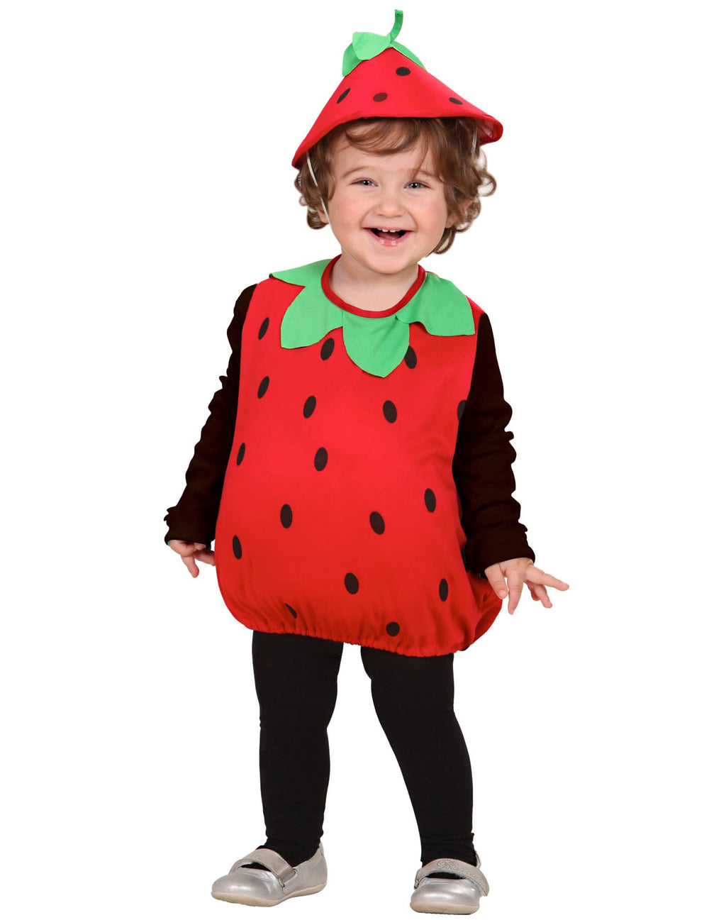 Disfraz de fresa para niña rojo y verde con sombrero