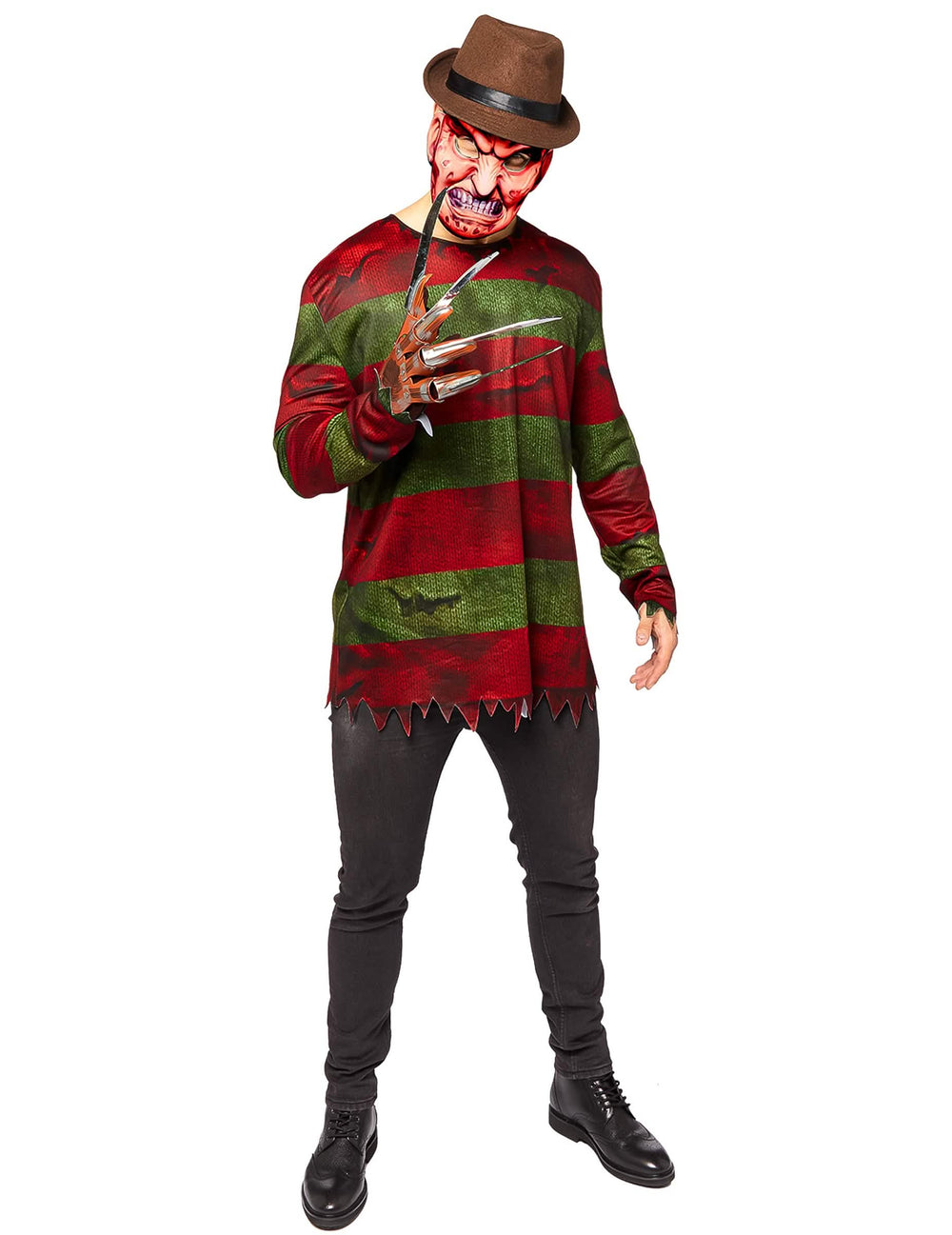 Déguisement Freddy Krueger™ pour homme rayé rouge et vert avec masque, chapeau et gant à griffes