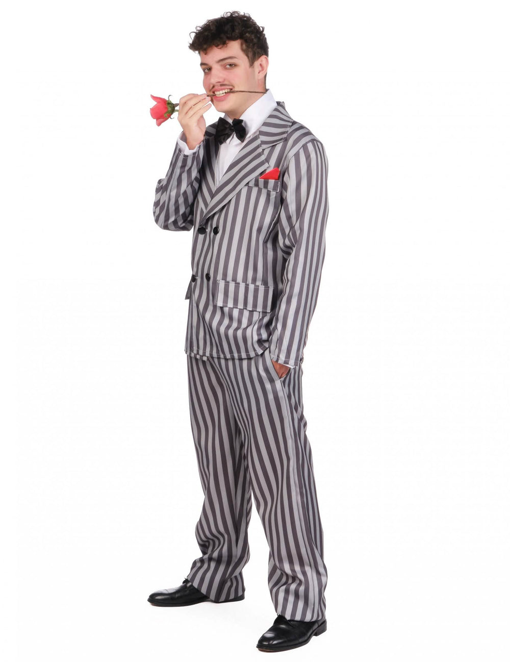 Disfraz de gangster neoyorquino para hombre gris y negro a rayas con rosa