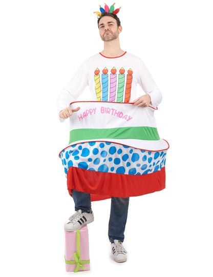 Déguisement gâteau d'anniversaire pour homme blanc et multicolore avec chapeau bougies