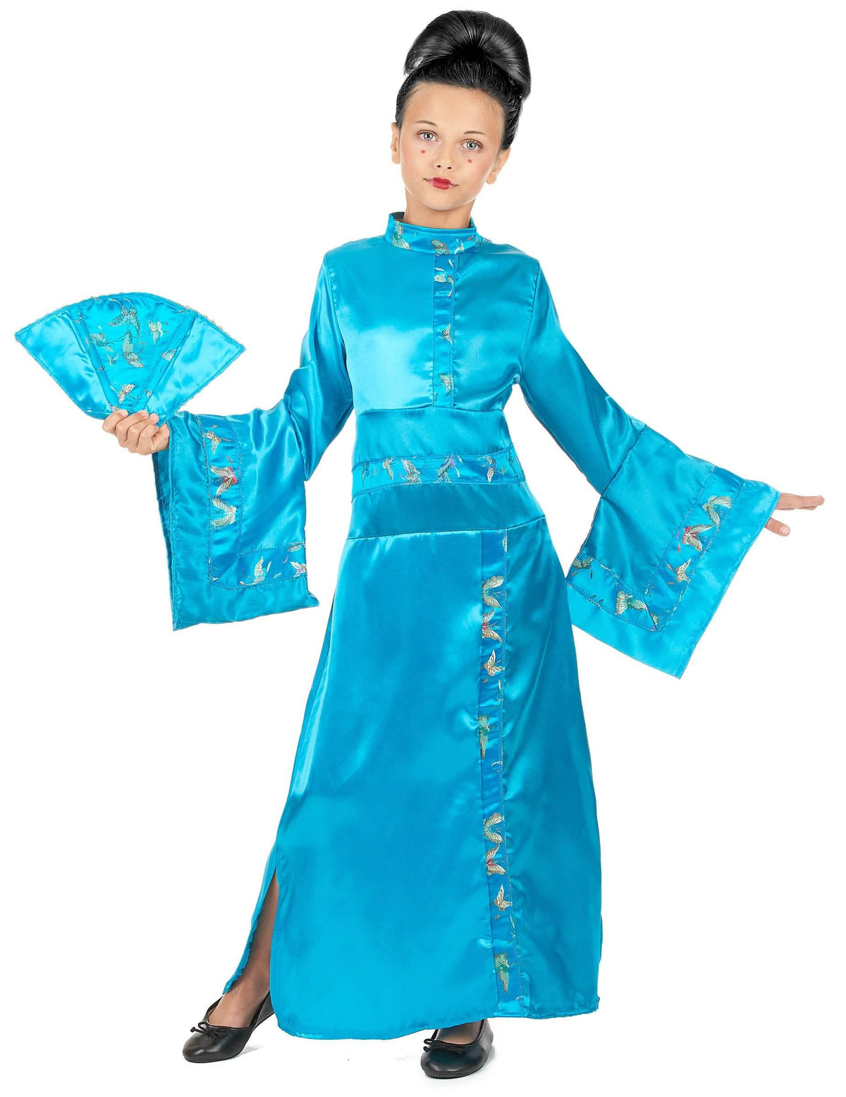 Disfraz de geisha para niña azul turquesa satinado con abanico