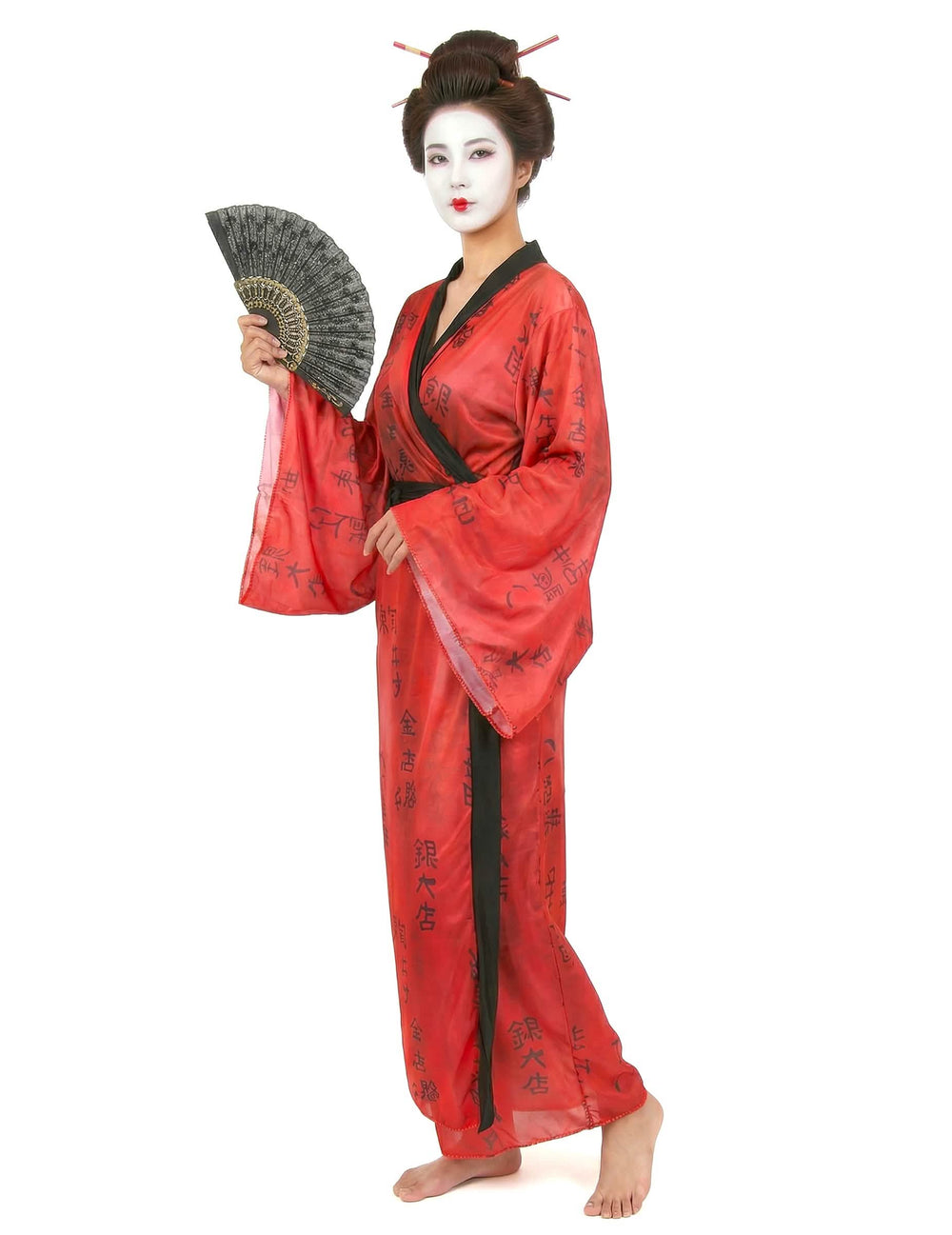 Disfraz de geisha para mujer kimono rojo con motivos caligráficos negros