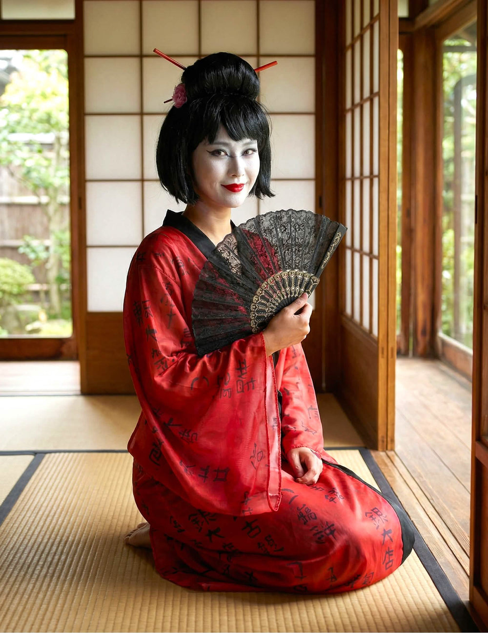 Vista frontal arrodillada del disfraz de kimono de geisha