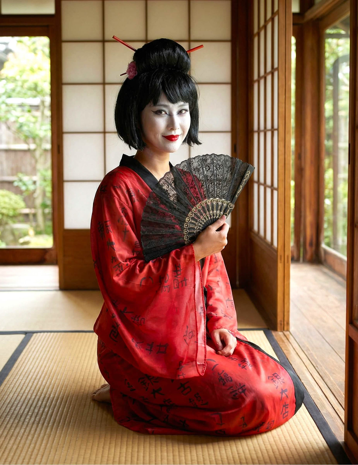 Vista frontal arrodillada del disfraz de kimono de geisha