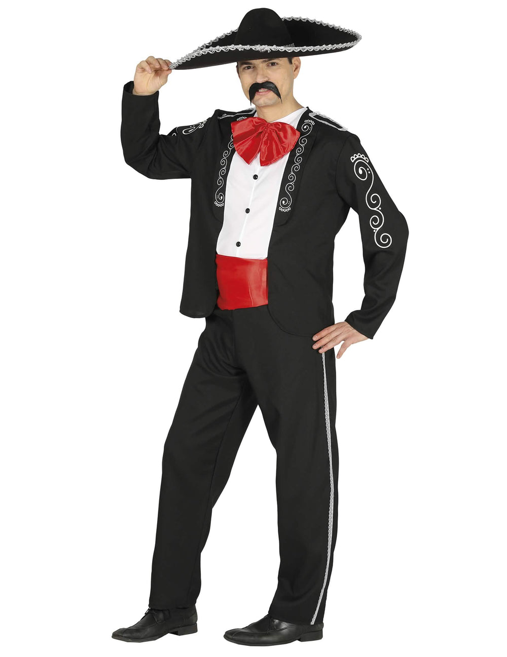 Disfraz de hombre mexicano elegante blanco y negro con detalles rojos y sombrero mexicano