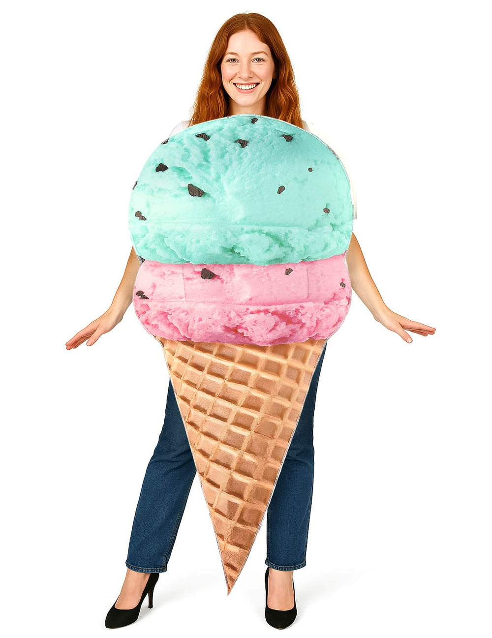 Disfraz de helado en cucurucho para adulto menta y fresa con pepitas de chocolate