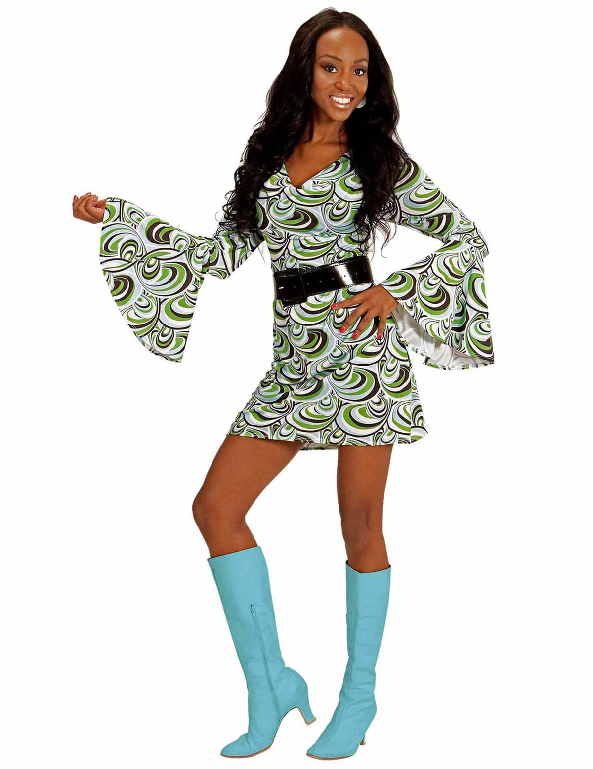 Disfraz groovy waves de los años 70 para mujer verde blanco y negro con cinturón negro
