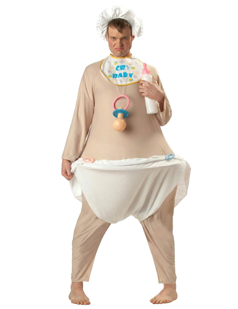 Disfraz de bebé grande deluxe para hombre beige con pañal gigante, babero y gorro