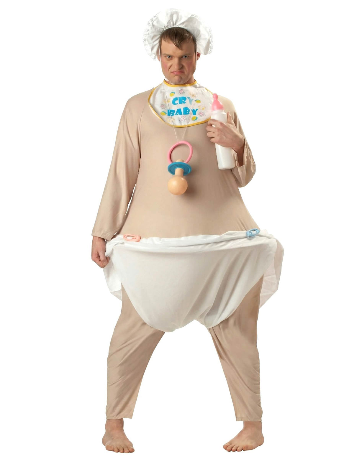 Disfraz de bebé grande deluxe para hombre beige con pañal gigante, babero y gorro